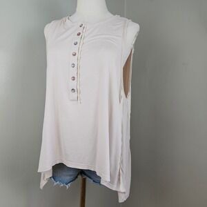 POL Jersey Knit Asymmetrical Tank Top Sz M Beige‎ Ivory Raw Edges Buttons